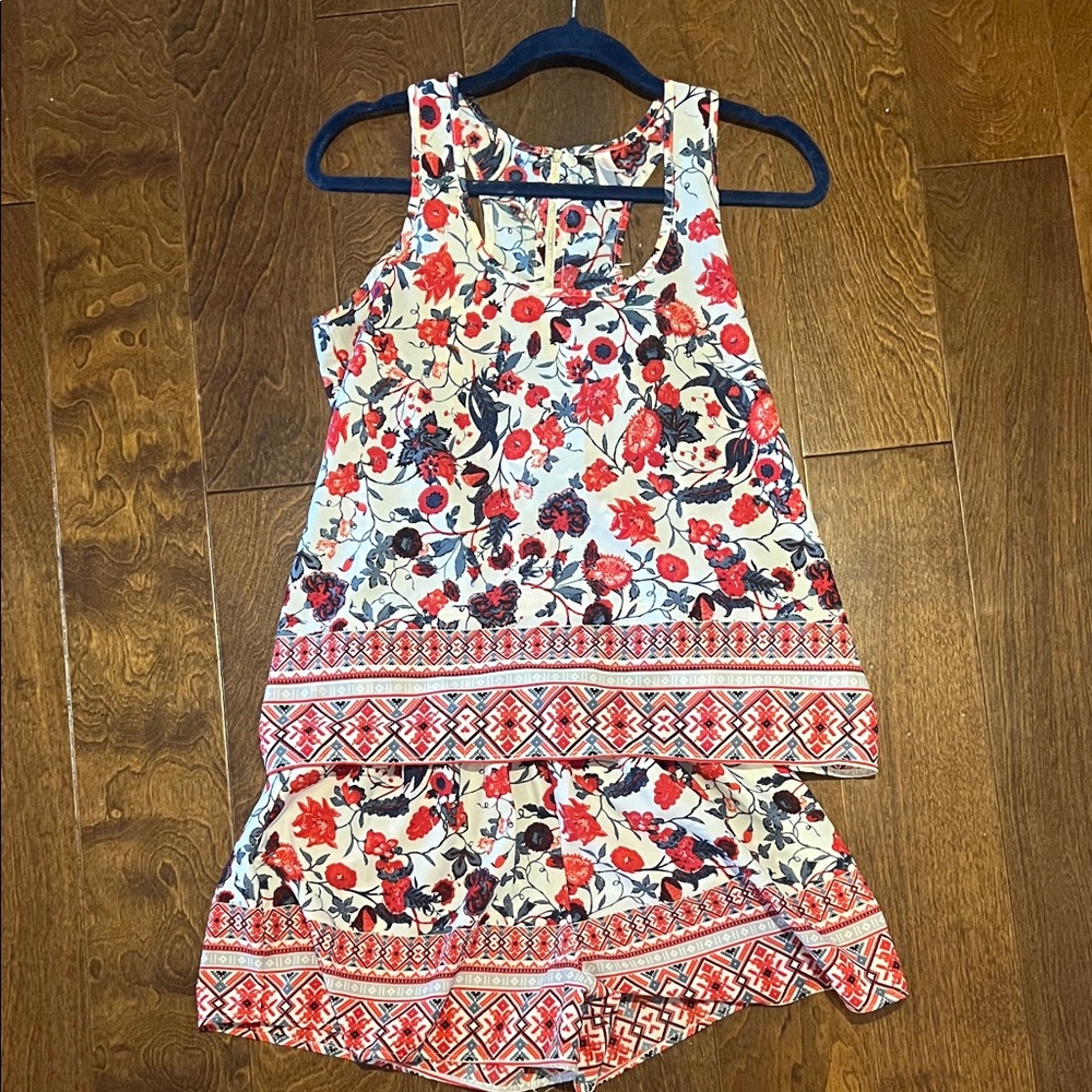 Matching Set Red and Blue Floral Top (M)  and Bottoms (L)